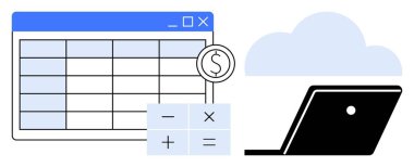 Hesap çizelgesi, matematik sembollü hesap makinesi dolar işareti, dizüstü bilgisayar ve bulut. Finansman, bütçe, analitik, uzaktan kumandalı dijital araçlar hesaplaması için idealdir. Soyut satır düzlüğü