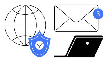 Küre, işaretli kalkan, üç tebligatlı zarf ve dizüstü bilgisayar. İnternet güvenliği, çevrimiçi iletişim, e-posta bildirimleri, siber güvenlik, küresel bağlantı dijital
