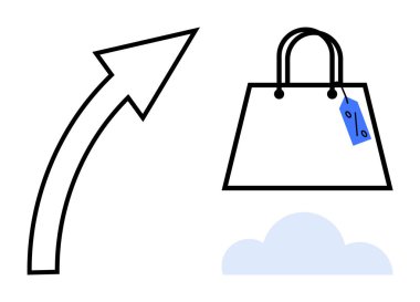 Yukarıdaki ok, altında fiyat etiketi ve bulut olan bir alışveriş torbasını işaret ediyor. E-ticaret büyümesi, çevrimiçi alışveriş, iş eğilimleri, mali artış, dijital pazarlama, satış stratejisi için ideal