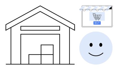 Kutuları istiflenmiş bir depo, gülümseyen bir yüz ve mağaza vitrininde bir e-ticaret satın alma düğmesi. Çevrimiçi alışveriş, tatmin, müşteri memnuniyeti, lojistik, perakende, envanter yönetimi için ideal