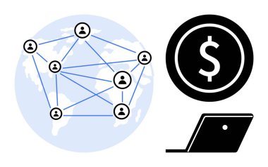 People interconnected around the world represented with abstract lines, a dollar sign circle indicating finance, and a laptop symbolizing digital communication. Ideal for global business, online clipart