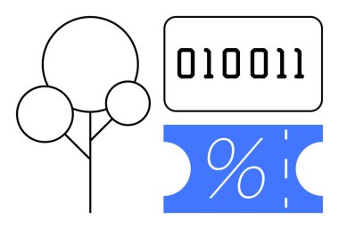 Yüzdelik işareti ve minimalist ağacı olan mavi biletin yanına ikili kod. E-ticaret, dijital pazarlama, finansal analiz, veri işleme, çevresel sürdürülebilirlik, modern