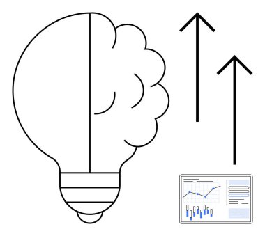 Yarım beyin yarım ampul yukarı doğru iki ok ve bir veri tablosunun yanında. Yenilik, büyüme, iş stratejisi, başarı, yaratıcılık, analitik ve gelecek planlama temaları için idealdir. Satır metaforu