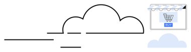 Veri bağlantısını gösteren çizgilerle çevrili bir bulut ve vitrinde bir alışveriş arabası simgesi. Bulut hesaplama, e-ticaret, dijital pazarlama, çevrimiçi perakende, veri senkronizasyonu, İnternet için ideal