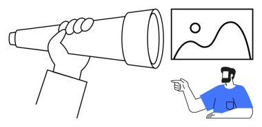 Elinde teleskop, mavi gömlekli bir adam manzara resmine bakıyor. Keşif, vizyon, hedef belirleme, navigasyon, keşif, gözlem planlama için ideal. Minimalist soyut çizgi