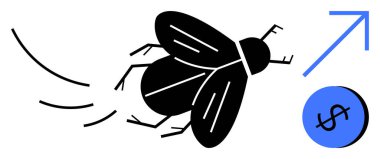 Kara sinek, yukarı doğru giden okla mavi bir bozuk paraya doğru giden noktalı bir izi takip ediyor. Finans, yatırım, büyüme, ekonomi, yükselen trendler, iş başarısı, para birimi için idealdir. Soyut satır düzlüğü