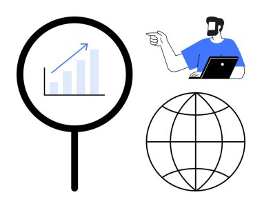 Yükselen bar tablosunda büyüteç, dizüstü bilgisayar kullanırken işaret eden kişi, kablo çerçeveli dünya. Veri analizi, iş büyümesi, küresel çalışmalar, araştırma, teknoloji, çevrimiçi toplantılar için ideal