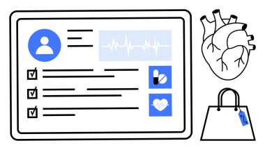 Kullanıcı bilgisi, ECG grafiği ve ilaç ikonlarıyla sağlık kayıtlarını gösteren dijital tablet. Sağlık teknolojisi, tıbbi izleme, hasta verileri, dijital sağlık, fitness, elektronik için ideal