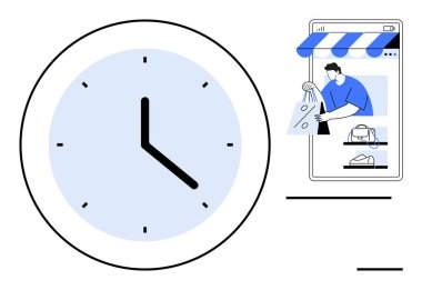 Akıllı telefonun yanında koyu siyah elli bir saat online bir mağaza ve insan alışverişi gösteriyor. Zaman yönetimi, dijital ticaret, verimlilik, üretkenlik, çoklu görev, çevrimiçi perakende satış için ideal