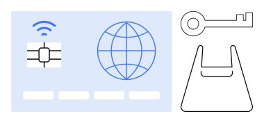 Entegre çipli akıllı kart, küresel bağlantı sembolü, anahtar ve alışveriş çantası. Güvenlik, teknoloji, e-ticaret, küresel erişim kimlik doğrulama işi için idealdir. Soyut