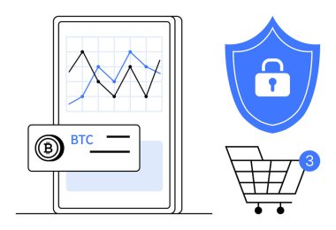 Kripto para birimi şemasını ve BTC işlemini gösteren mobil cihaz, güvenliği simgeleyen asma kilitli kalkan ve tebligat ile alışveriş arabası. Finans, güvenlik, e-ticaret, fintech için ideal