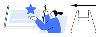 İnsan tabletle etkileşime girer, yıldız işaretini vurgular ve alışveriş torbasını gösterir. E-ticaret kullanılabilirliği, kullanıcı değerlendirmeleri, kalite güvencesi, dijital pazarlama, çevrimiçi alışveriş, müşteri geribildirimi için ideal