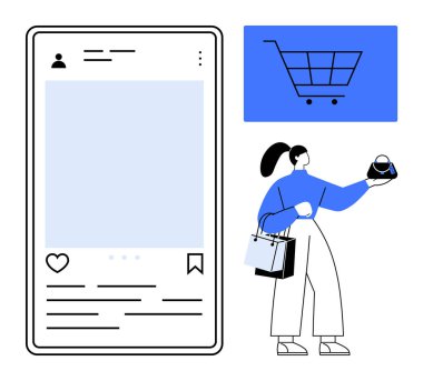 Alışveriş çantaları ve kredi kartı tutan kadın, sosyal medya paylaşımı gösteren akıllı telefon ekranı, alışveriş arabası ikonu. E-ticaret, sosyal medya pazarlaması, çevrimiçi alışveriş, dijital yaşam tarzı için ideal