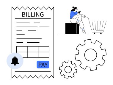Ödeme düğmeli dijital fatura, uyarı zili, alışveriş arabasının yanında telefonu olan kişi ve üç vites. Çevrimiçi ödeme sistemleri, e-ticaret, otomasyon, teknoloji, süreç için ideal