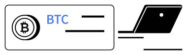 Bitcoin para ve BTC metin stilize dizüstü bilgisayarın yanında. Kripto para birimi, engelleme zinciri, dijital finans, çevrimiçi ticaret, sanal para birimi, fintech yenilikleri, yatırım stratejileri için idealdir. Soyut çizgi