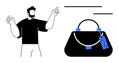 Fiyat etiketli el çantasına bakan adam ürünün önemini gösteriyor. Alışveriş, perakende, moda, tüketici davranışı, pazarlama, müşteri ilişkileri hakkında tartışmalar için ideal. Basit.