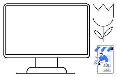 Computer monitor, tulip flower, and smartphone screen with online store interface evokes themes of e-commerce, digital marketing, eco-friendliness, technology integration, remote shopping clipart