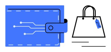 Devre çizgileri olan dijital cüzdan ve fiyat etiketli bir alışveriş çantası. E-ticaret, online alışveriş, dijital ödemeler, fintech, perakende sektörü, tüketici davranışı, teknoloji trendleri için ideal. Soyut