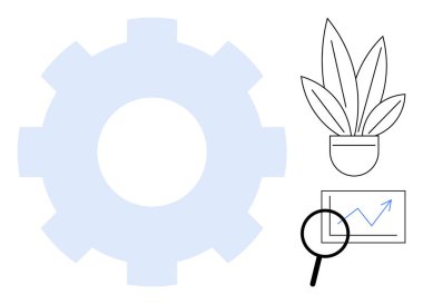 Yüksek eğilimli saksı bitki ve grafiğine bitişik büyük dişli, detayları vurgulayan büyüteç. İş verimliliği, büyüme stratejileri, verimlilik artışı ve yenilik için ideal