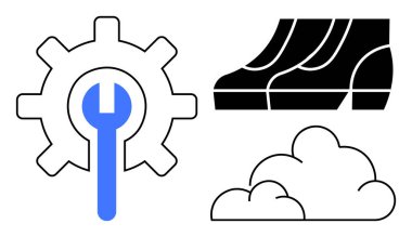 İçinde mavi ingiliz anahtarı olan vites, siyah beyaz basamaklar ve bir bulut çizgisi. Temalar için ideal bakım, ilerleme, teknoloji, bulut hesaplama, endüstriyel, bağlantı
