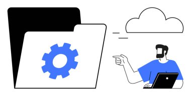 Bulut simgesinin yanında dişli sembolü olan büyük dosya dizini, dizüstü bilgisayarlı adam bulutu işaret ederek veri yüklemesini gösteriyor. Bulut depolama, veri yönetimi, teknoloji endüstrisi, dijital çözümler, güvenlik için ideal