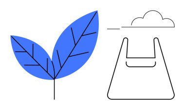 Damarlı yaprak, bulutlu tekrar kullanılabilir çanta. Sürdürülebilirlik, çevre dostu, geri dönüşüm, çevre koruma, atık azaltma, yeşil iklim değişikliği için idealdir. Soyut satır düzlüğü