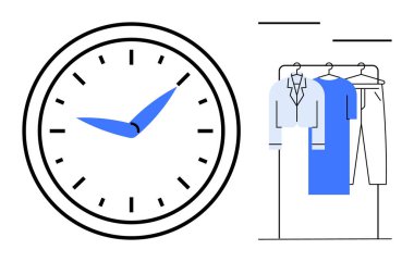 Saat, gömlek, ceket ve pantolon gibi asılı giysilerin yanında zamanı da gösteriyor. İş hayatı dengesi, zaman yönetimi, programlama, kostüm organizasyonu, verimlilik, moda endüstrisi için ideal