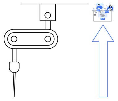 Robotik kol, yukarı doğru büyük ok ve dijital alışveriş arabasıyla çalışıyor. Teknoloji, otomasyon, e-ticaret, online alışveriş, iş büyümesi, dijital dönüşüm ve yenilik için ideal. Çizgi