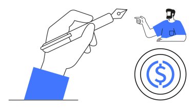 Bir kalem tutan, işaret eden bir adam ve daire içinde dolar işareti olan bir adam. İş sözleşmeleri, mali kararlar, ekonomik tartışmalar, yatırımlar, rehberlik, yaratıcılık kavramsal planlama için ideal