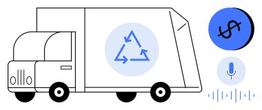 Delivery truck with recycling symbol in center. Also, dollar sign, microphone, soundwave icons. Ideal for logistics, sustainability, cost efficiency, communication recycling technology green clipart