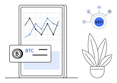 DeFi ikonları ve saksı bitkisinin yanında Bitcoin kartıyla finansal bir grafik gösteren akıllı telefon. Engelleme zinciri teknolojisi, kripto para birimi eğilimleri, finansal yenilik, dijital para birimi için ideal