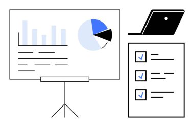 Bar çizelgesi ve pasta grafiği olan sunum tahtası, kontrol işaretli kontrol listesi, dizüstü bilgisayar. İş analizleri, proje planlaması, veri görselleştirmesi, görev yönetimi, üretkenlik, organizasyon için ideal