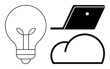 Ampul hatları, minimal siyah dizüstü bilgisayar, bulut şekilleri. Yenilik için ideal, dijital araçlar, yaratıcılık, bulut hesaplama, bilişim çözümleri, fikir üretimi teknolojisi metaforları. Soyut çizgi düz metafor