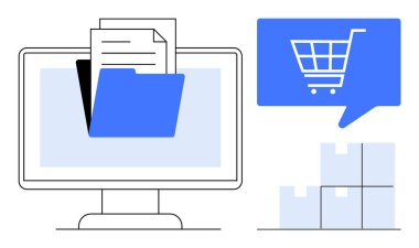 Dosya klasörü ve belgeleri olan bilgisayar ekranı, konuşma balonunda mavi alışveriş arabası simgesi, istiflenmiş kutular. E-ticaret, çevrimiçi perakende, envanter yönetimi, dijital belgeler, nakliye için ideal