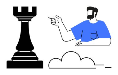 Adam satranç kalesini işaret ediyor. Minimalist çizgiler ve koyu mavi gömlek. Strateji, liderlik, karar verme, rehberlik, planlama, öngörü problemi çözme için idealdir. Soyut çizgi düz metafor