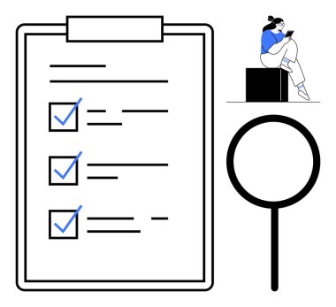 Mavi işaretli görev listesi, blokta otururken mobil cihaz kullanan kadın, büyük büyüteç. Üretkenlik, görev yönetimi, verimlilik, hedef belirleme, organizasyon için ideal