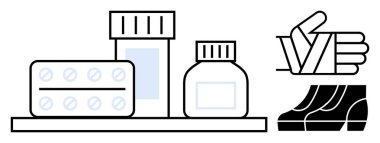 İlaç şişeleri, tablet, bandajlı el ve yaralanma tedavisi ve iyileşme için destek ayakkabıları. Tıbbi bakım, sağlık, yaralanma önleme, ilk yardım, fizik tedavi için ideal