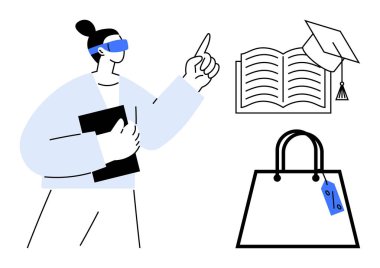 VR kulaklık takan kişi kitap ve mezuniyet şapkasına bakıyor, elinde belge var. Etiketli alışveriş torbası da dahil. Eğitim, e-öğrenim, sanal gerçeklik ve eğitim teknolojisi için ideal