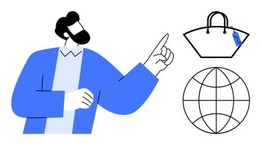 Fiyat etiketi ve küreyle alışveriş çantasına bakan adam küresel e-ticareti temsil ediyor. Çevrimiçi alışveriş için ideal, dünya pazarı, dijital ticaret, ticaret, İnternet satışları, tüketici davranışı