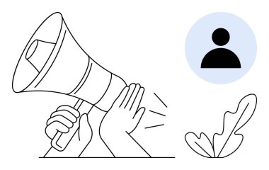 Eller ses dalgaları, yaprak ögesi, mavi daireli kullanıcı profili simgesi olan bir megafonu tutuyor. Pazarlama, duyurular, seyirci ilgisi, sosyal medya, iletişim, sosyal yardım programları için ideal