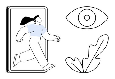 Tabletten çıkan bir kadın dijital bütünleşmeyi ya da özgürlüğü temsil ediyor. Yanında bir göz sembolü ve minimalist bir yaprak var. Teknoloji, yenilik, büyüme, vizyon, doğa, keşif için ideal