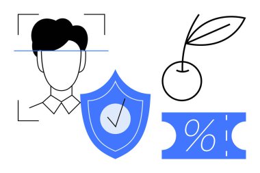 Yüz tanıma sistemi, işaretli mavi bir kalkan, kiraz meyvesi ve indirim kuponu. Teknoloji, güvenlik, alışveriş anlaşmaları, çevrimiçi kimlik ve siber güvenlik için ideal