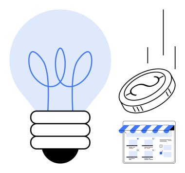 Düşen bir madeni para ve çevrimiçi bir mağaza simgesinin yanında büyük bir ampul. Başlangıç finansmanı, çevrimiçi işletme, yenilik, finans büyümesi, girişimcilik, ekommerce, yaratıcı çözümler için ideal