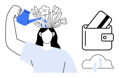 Kafasından çiçek açan kadın büyümeyi ve zihinsel refahı, cüzdanını kredi kartıyla doldurmayı ve bulut teknolojisi sembolünü temsil ediyor. Farkındalık, finansal planlama, teknolojik yenilik için ideal