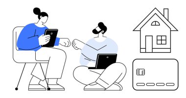 Kadın ve erkek tartışırken tablet ve laptop kullanıyor, ev ve kredi kartı ikonları yakınlarda. Finansal planlama, ev yatırımı, emlak, dijital bankacılık, bütçe yönetimi, aile için ideal