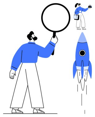 Sakallı adam elinde büyüteçle roketin yanındaki ampullü küçük kadını inceliyor. Yenilik, keşif, girişimcilik, yeni fikirler, başlangıç yolculuğu, keşif için ideal