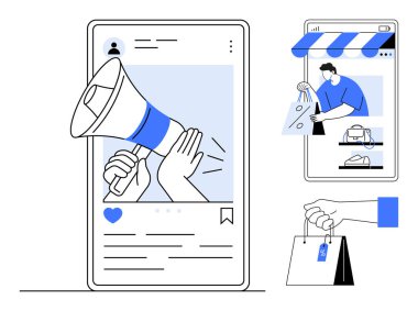 Akıllı telefon ekranındaki megafon, tebligatlar, alışveriş uygulaması arayüzü, alışveriş torbası tutan kullanıcı. E-ticaret, dijital pazarlama, sosyal medya, çevrimiçi duyurular, mobil uygulamalar için ideal