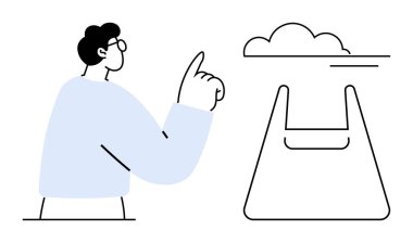 Alışveriş çantasının üstündeki buluta doğru bakan kişi. Çevrimiçi alışveriş, dijital pazarlama, ekommerce, bulut hesaplama, yenilik, teknoloji, gelecekteki eğilimler için ideal. Soyut çizgi