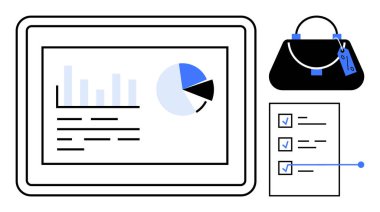 Tablet ekranda bar çizelgeleri ve pasta grafiği, işaretli ögelerin olduğu bir kontrol listesi ve bir el çantası. Üretkenlik, organizasyon, iş hayatı dengesi, çoklu görev, verimlilik, görev yönetimi için ideal
