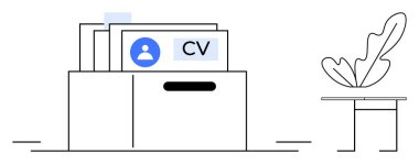 İçinde CV 'ler, kullanıcı profili simgeleri olan dosya dolabı, yanında da bitkisi olan küçük bir masa. İş başvuruları, işe alım, insan kaynakları, organizasyon, veri yönetimi, ofis kurulumu için ideal dijital